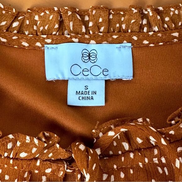 Cece Brown and White Tie Neck Ruffle Long Sleeve Blouse - Size Small EUC - Picture 5 of 7